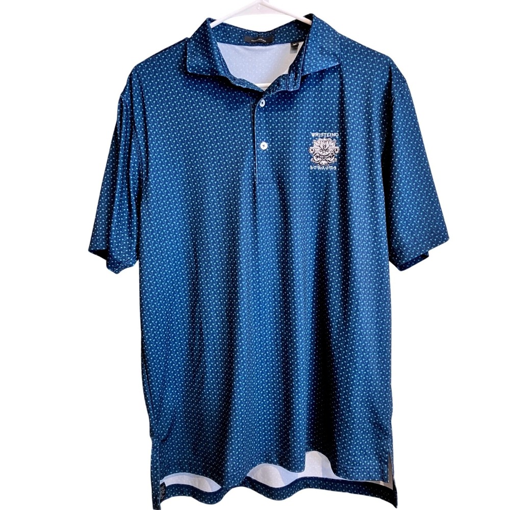 Turtleson Whistling Straits Navy Blue Geometric Print Golf Polo Shirt Mens M